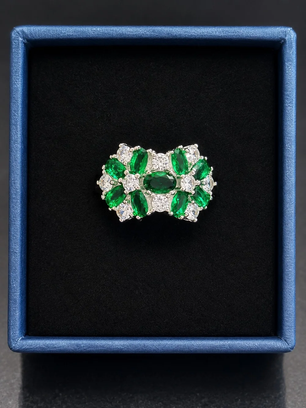 Emerald Cluster Silver Ring - Green Crystal Floral Band
